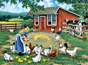 Woman Feeding Chickens and Chicks in a Pastoral Farmyard with Red Barn and Cow HD wallpaper