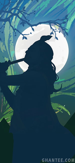 Krishna Silhouette Playing Flute Under Full Moon in Stylized Illustration HD phone wallpaper