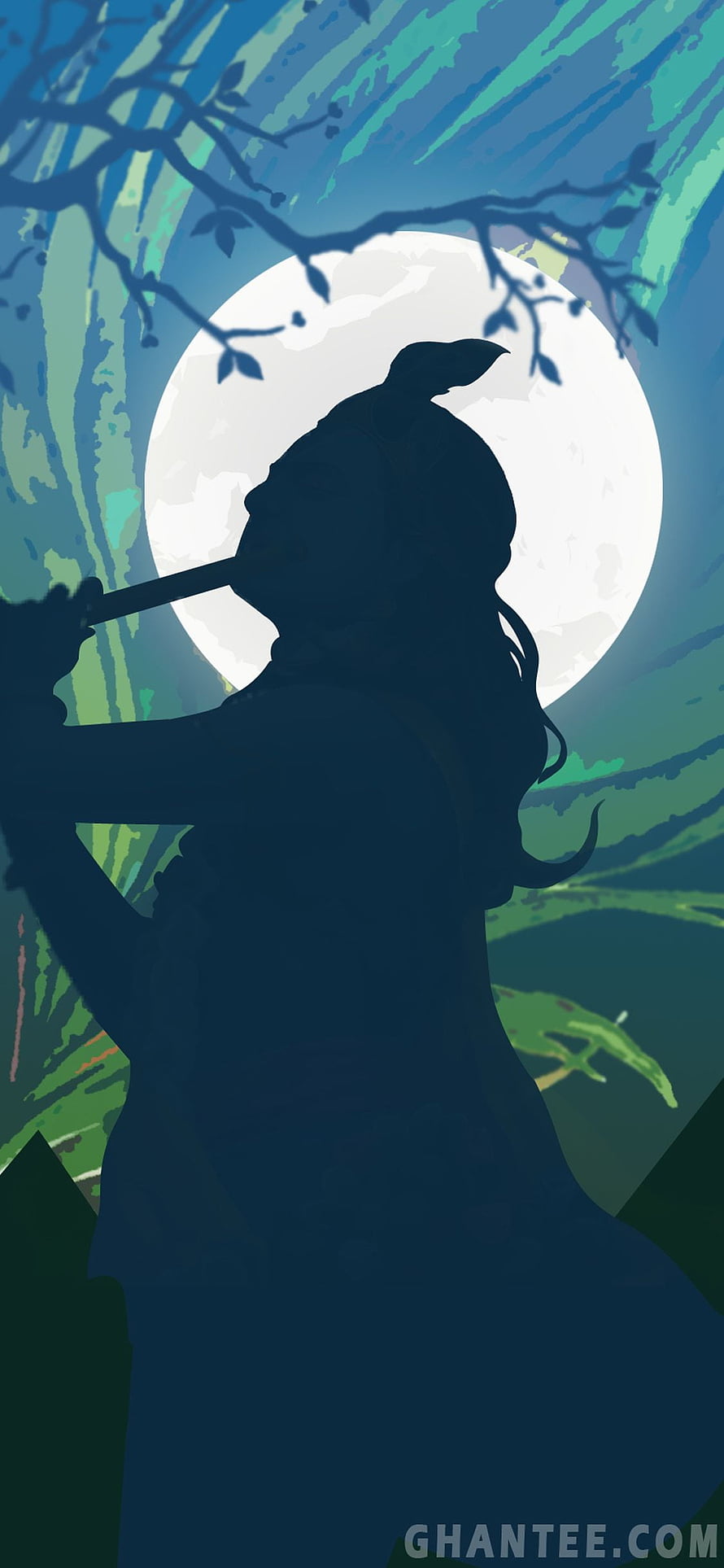 Krishna Silhouette Playing Flute Under Full Moon in Stylized Illustration HD phone wallpaper