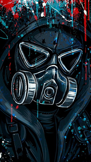Stylized Gas Mask Portrait with Red and Blue Paint Splatter on Dark Background HD phone wallpaper