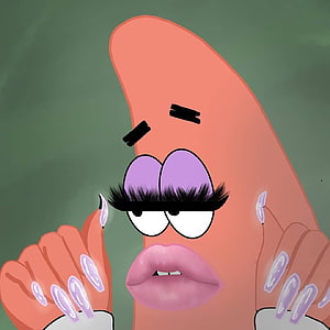 Patrick Star with Glam Makeup, Long Nails, and Purple Eyelids in a Stylized Cartoon Portrait HD phone wallpaper
