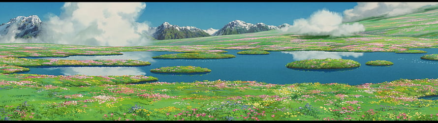 Howl's Moving Castle Ghibli Landscape with Snowy Mountains and Flower Fields HD wallpaper