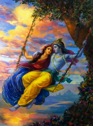 Radha and Krishna on a Flower Swing in a Vibrant Sunset Landscape HD phone wallpaper