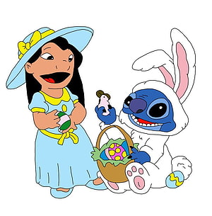 Lilo and Stitch in Easter Bunny Costume with Decorated Eggs and Basket HD phone wallpaper