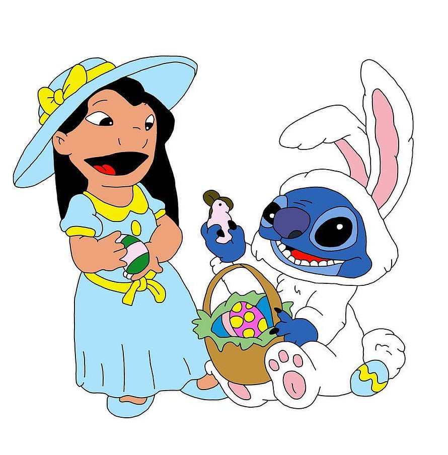 Lilo and Stitch in Easter Bunny Costume with Decorated Eggs and Basket HD phone wallpaper