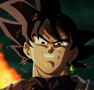 Black Goku Anime Portrait with Intense Grin and Fiery Background HD wallpaper