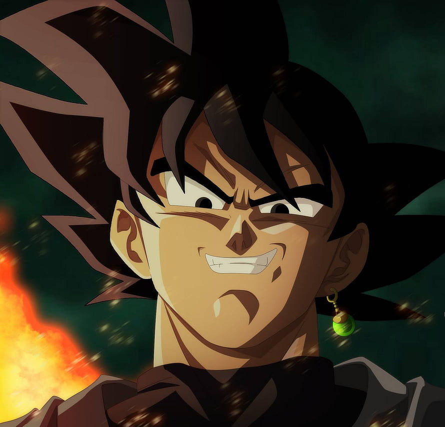 Black Goku Anime Portrait with Intense Grin and Fiery Background HD wallpaper
