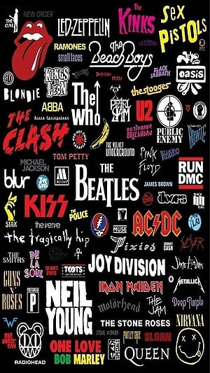 Classic Rock and Pop Band Logos and Typography Collection on Black Background HD phone wallpaper
