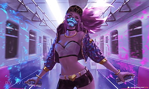 Akali KDA Artwork in Neon Subway Corridor with Glowing Mask and Pink Hair HD wallpaper