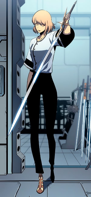 Cha Hae In from Solo Leveling Holding a Glowing Sword in a Sci-Fi Armory HD phone wallpaper