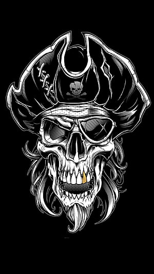 Detailed Black and White Pirate Skull Illustration with Tricorn Hat and Gold Tooth HD phone wallpaper