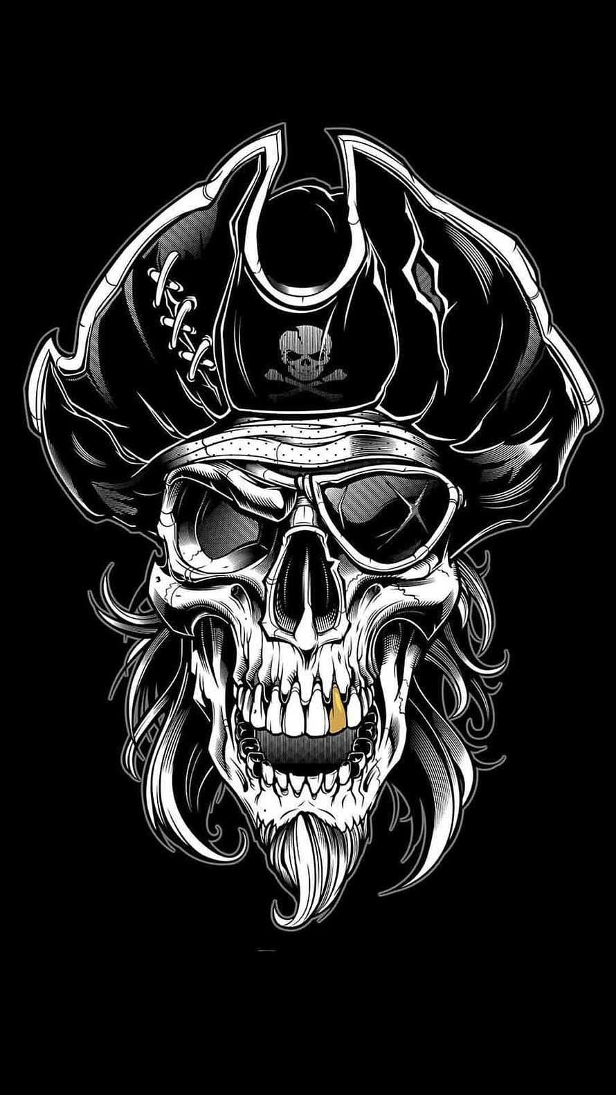Detailed Black and White Pirate Skull Illustration with Tricorn Hat and Gold Tooth HD phone wallpaper