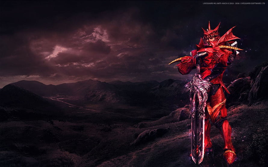 Mu Online Warrior in Red Armor Standing on Dark Mountain Ridge HD wallpaper