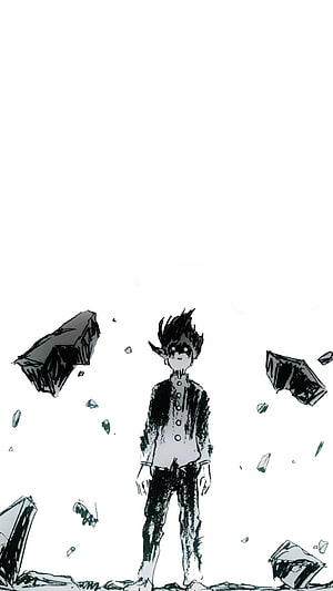 Mob Psycho 100 Anime Character Standing Amidst Floating Debris in Black and White Sketch Style HD phone wallpaper