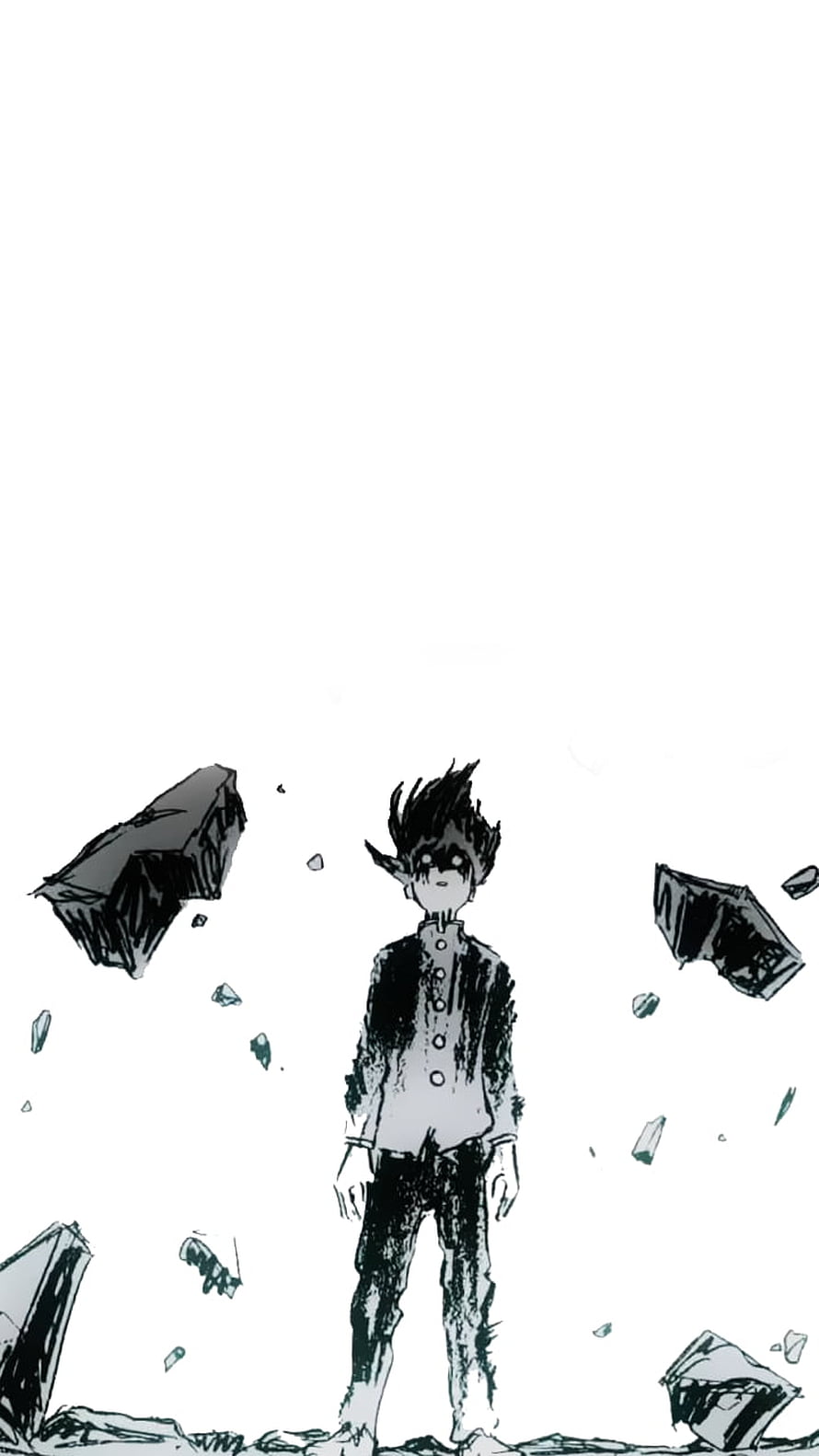 Mob Psycho 100 Anime Character Standing Amidst Floating Debris in Black and White Sketch Style HD phone wallpaper