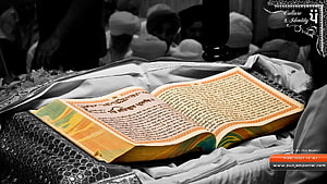 Open Guru Granth Sahib on ceremonial cloth with congregation in background HD wallpaper