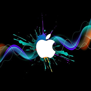 Apple Logo With Vibrant Neon Paint Splatter And Flowing Ribbons On Black Background HD phone wallpaper
