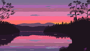 Pixel Art Lake Sunset with Silhouetted Trees and Distant Mountains HD wallpaper