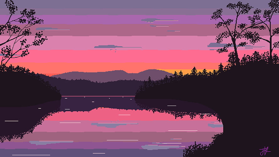 Pixel Art Lake Sunset with Silhouetted Trees and Distant Mountains HD wallpaper