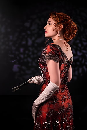 Kate Winslet in a red beaded gown with white gloves, vintage Hollywood glamour portrait HD phone wallpaper