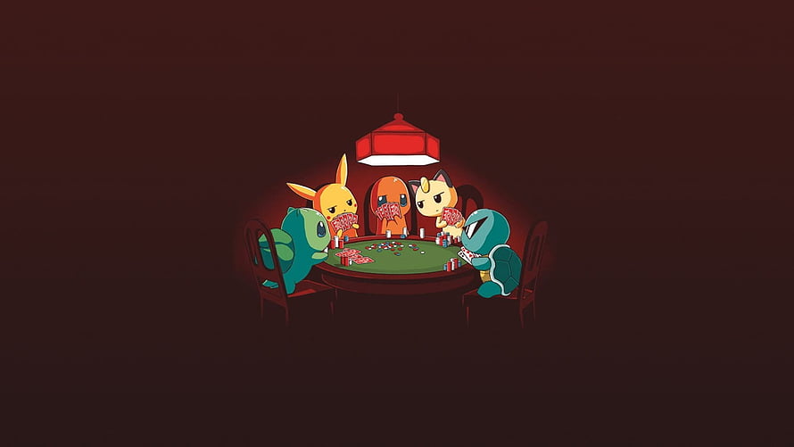Pokemon Starters Playing Poker Under a Red Lamp in a Dark Room HD wallpaper
