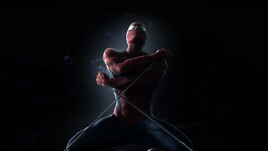 Spider-Man Crouching in Dramatic Dark Lighting with Web Lines HD wallpaper