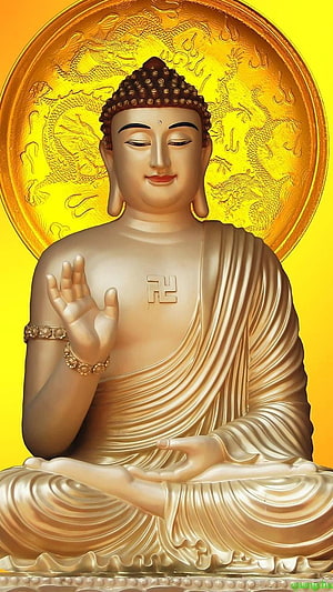 Golden Gautam Buddha Statue With Dragon Halo And Swastika Symbol HD phone wallpaper