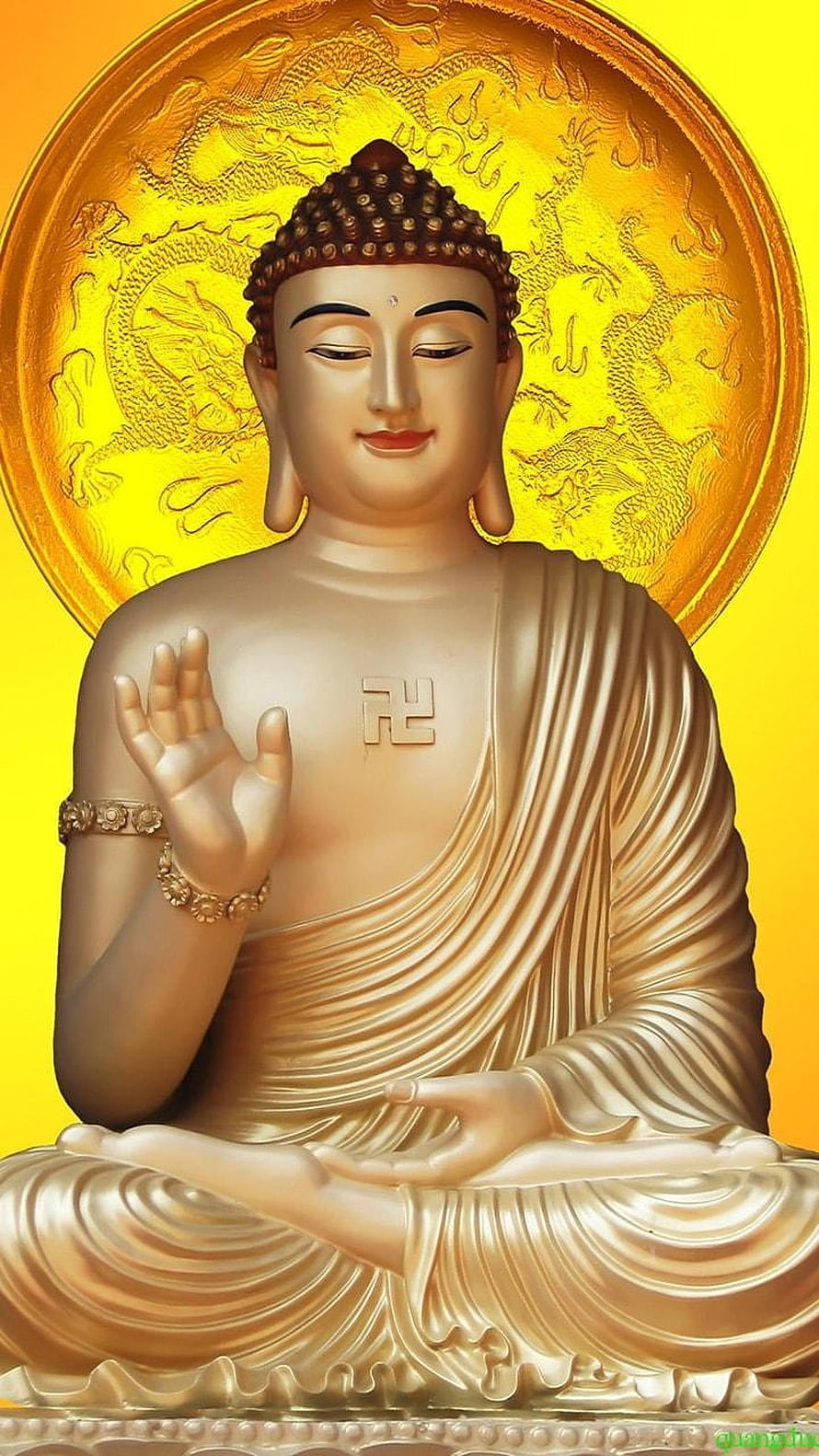 Golden Gautam Buddha Statue With Dragon Halo And Swastika Symbol HD phone wallpaper