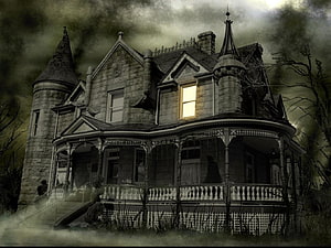 Eerie Victorian Manor with Tower and Porch Under Stormy Sky HD wallpaper