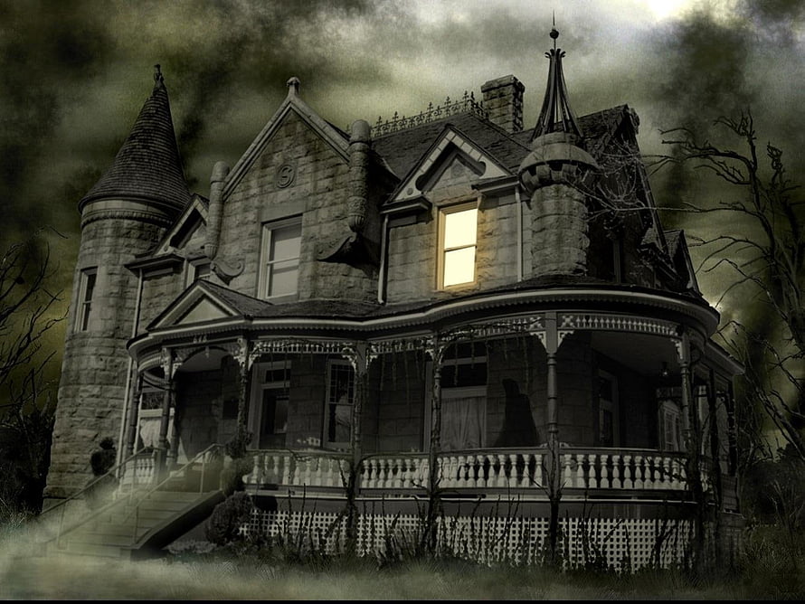 Eerie Victorian Manor with Tower and Porch Under Stormy Sky HD wallpaper