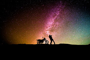 Couple Silhouette Embracing Beside Motorcycle Under Vibrant Milky Way Starry Night Sky HD wallpaper