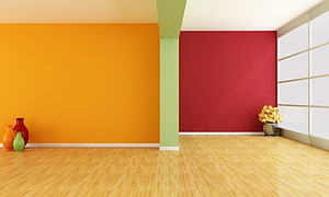 Vibrant Modern Interior With Orange And Red Accent Walls And Wooden Flooring HD wallpaper