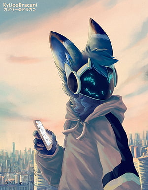 Protogen Furry Character in Hoodie Holding Smartphone Against City Skyline HD phone wallpaper