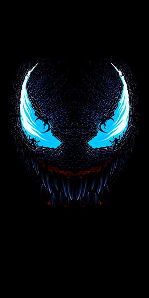 Venom Glowing Blue Eyes and Jagged Teeth on Black Background HD phone wallpaper