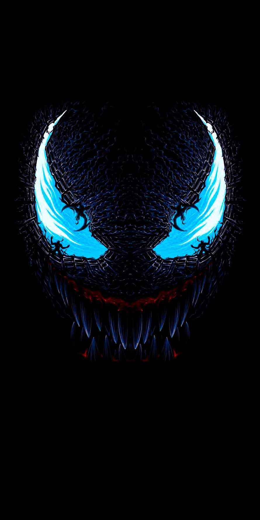 Venom Glowing Blue Eyes and Jagged Teeth on Black Background HD phone wallpaper