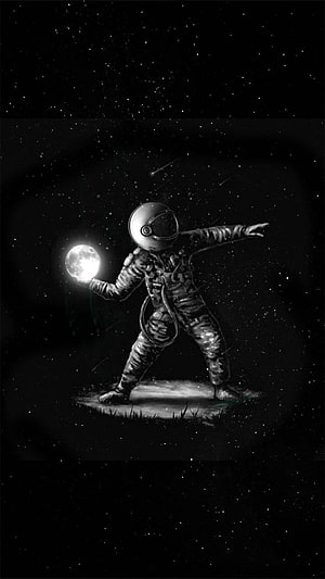 Monochrome Astronaut Holding Glowing Moon in Starry Night Sky HD phone wallpaper