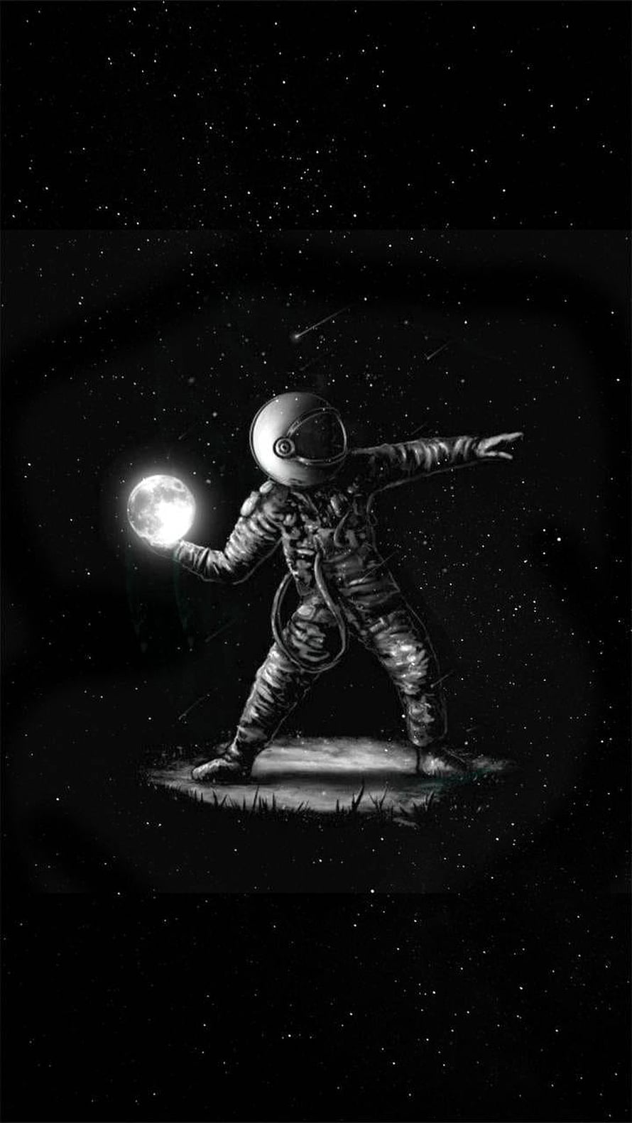 Monochrome Astronaut Holding Glowing Moon in Starry Night Sky HD phone wallpaper