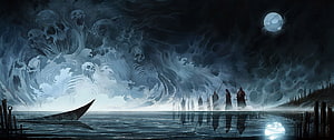 Dark Fantasy Illustration of a Viking Longship Facing a Storm of Ghostly Skulls and Spectral Figures HD wallpaper