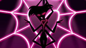 Angel Dust Silhouette from Hazbin Hotel Against Neon Pink Geometric Web Pattern HD wallpaper