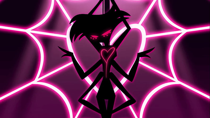 Angel Dust Silhouette from Hazbin Hotel Against Neon Pink Geometric Web Pattern HD wallpaper