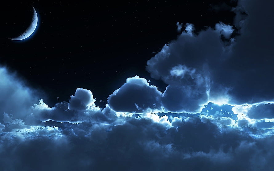 Crescent Moon Over Dramatic Night Clouds with Electric Blue Lightning HD wallpaper
