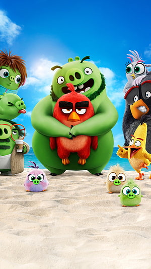 Angry Birds Movie 2 Beach Scene With Red, Chuck, and Pigs Under Blue Sky HD phone wallpaper
