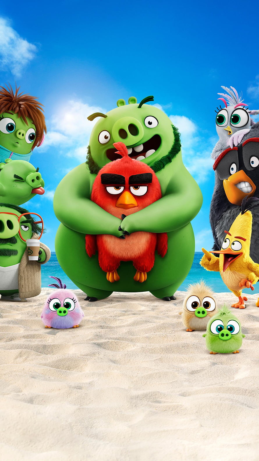 Angry Birds Movie 2 Beach Scene With Red, Chuck, and Pigs Under Blue Sky HD phone wallpaper