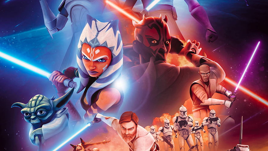 Star Wars The Clone Wars Animated Poster Featuring Ahsoka Tano, Darth Maul, and Grogu in Lightsaber Combat HD wallpaper