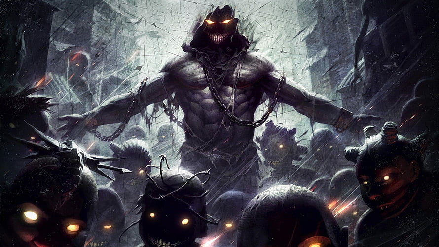 Dark Demon Army Leader With Glowing Eyes And Chained Torso In Horror Fantasy Art HD wallpaper