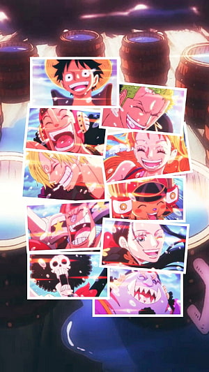 One Piece Straw Hat Crew Laughing Together in Vibrant Anime Collage HD phone wallpaper