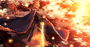 Saber Alter Artoria Pendragon from Fate Stay Night Standing with Glowing Sword in Sunset HD wallpaper