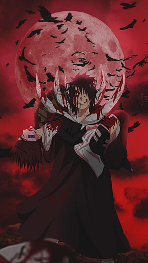 Obito Uchiha in Akatsuki cloak holding a figure beneath a blood-red moon with crows HD phone wallpaper
