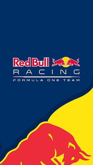 Red Bull Racing Formula One Team Logo on Navy Blue and Yellow Background HD phone wallpaper