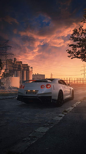 White Nissan GT-R R35 Rear View Parked at Industrial Sunset HD phone wallpaper